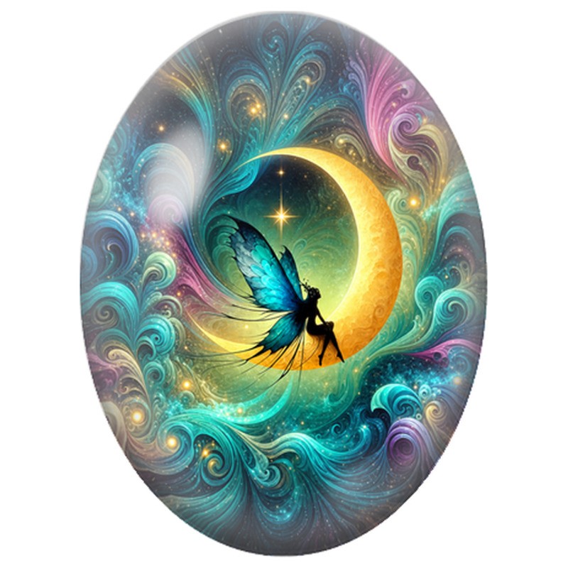 Cabochon en Verre Illustré Fée Turquoise au Croissant Doré 13x18, 18x25 ou 30x40mm