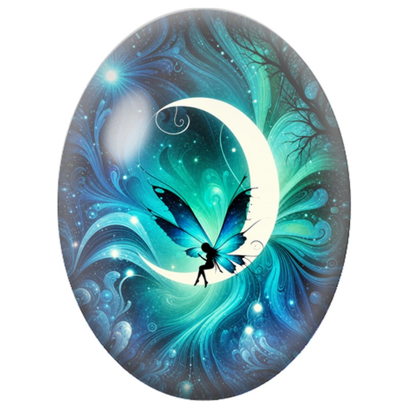 Cabochon en Verre Illustré Fée Papillon au Clair de Lune 13x18, 18x25 ou 30x40mm
