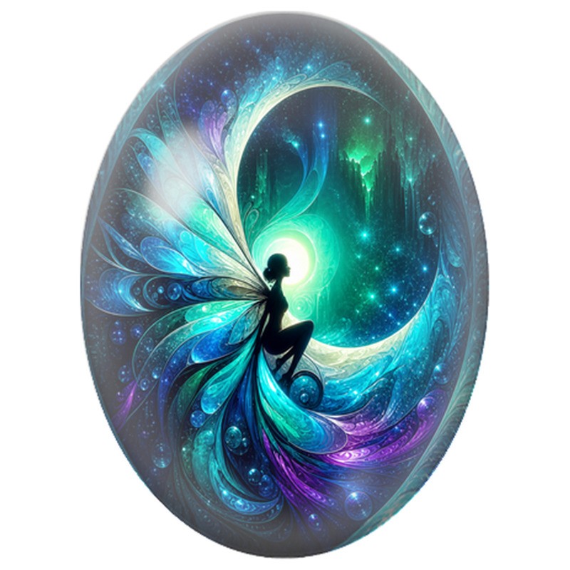 Cabochon en Verre Illustré Fée au Croissant Turquoise 13x18, 18x25 ou 30x40mm