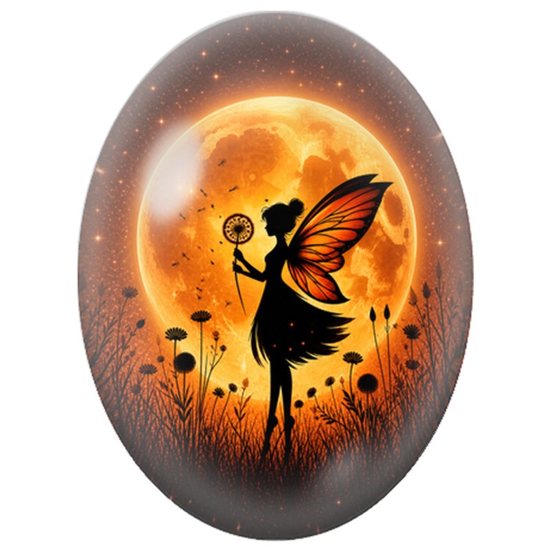 Cabochon en Verre Illustré Fée au Pissenlit sous la Lune Orange 13x18, 18x25 ou 30x40mm