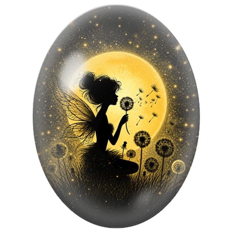 Cabochon en Verre Illustré Fée Dorée aux Pissenlits 13x18, 18x25 ou 30x40mm
