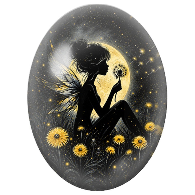 Cabochon en Verre Illustré Fée aux Ailes Argentées 13x18, 18x25 ou 30x40mm