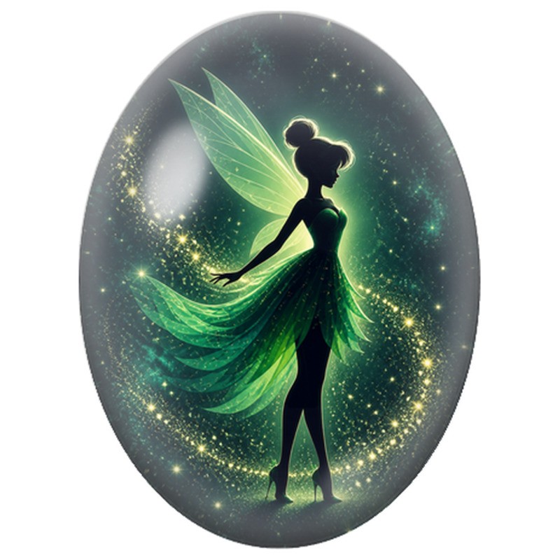 Cabochon en Verre Illustré Fée Verte Étincelante 13x18, 18x25 ou 30x40mm