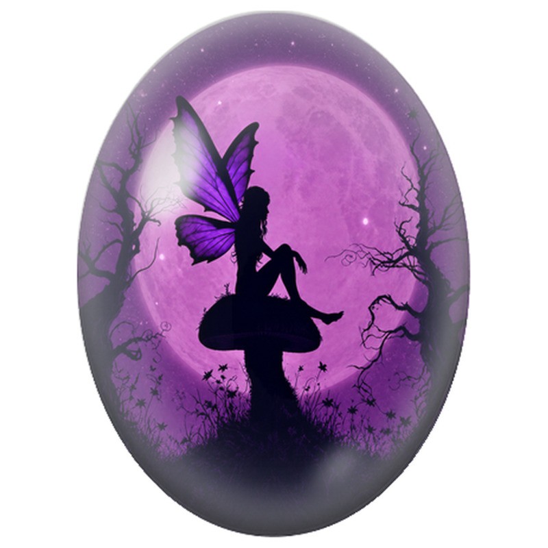 Cabochon en Verre Illustré Fée sur un Champignon Violet 13x18, 18x25 ou 30x40mm