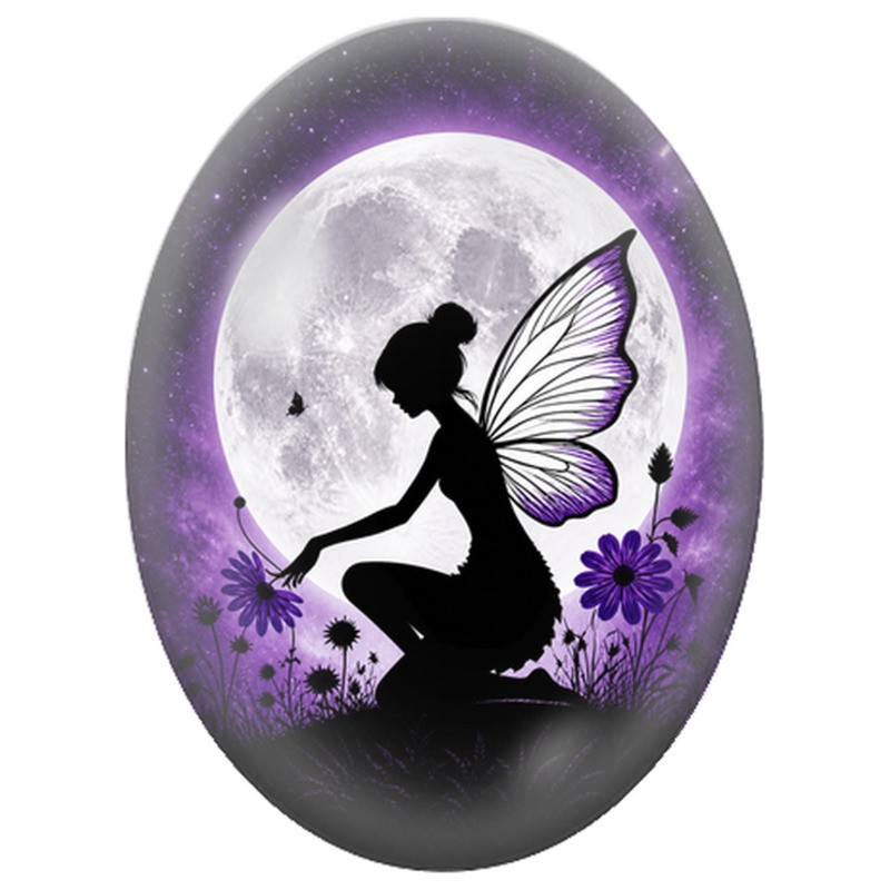 Cabochon en Verre Illustré Fée aux Fleurs Violettes 13x18, 18x25 ou 30x40mm