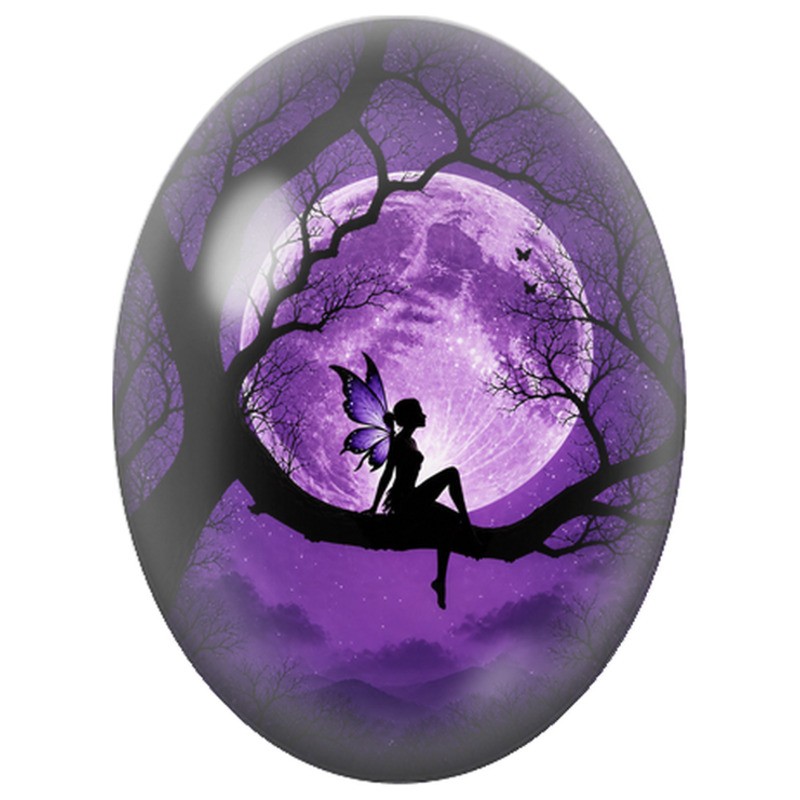 Cabochon en Verre Illustré Fée Violette sur une Branche aux Fleurs 13x18, 18x25 ou 30x40mm