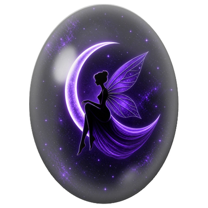 Cabochon en Verre Illustré Fée Violette au Croissant 13x18, 18x25 ou 30x40mm