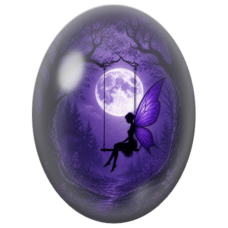 Cabochon en Verre Illustré Fée Violette à la Balançoire 13x18, 18x25 ou 30x40mm