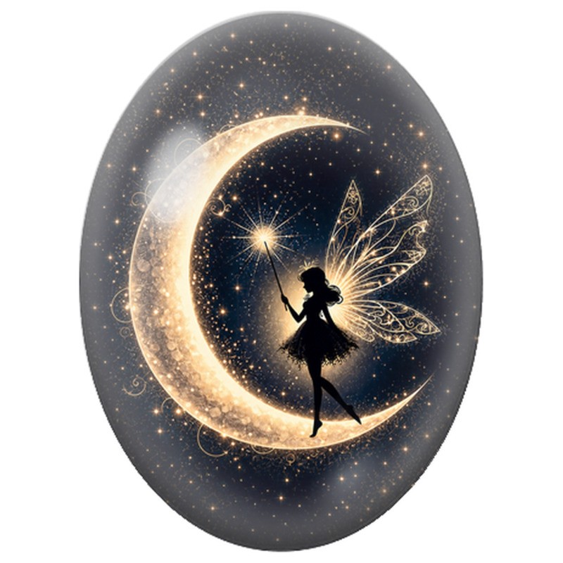 Cabochon en Verre Illustré Fée à la Baguette Dorée 13x18, 18x25 ou 30x40mm
