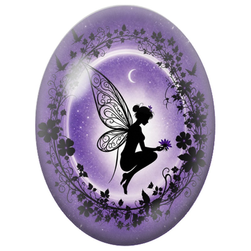 Cabochon en Verre Illustré Fée Violette dans un Cercle Fleuri 13x18, 18x25 ou 30x40mm
