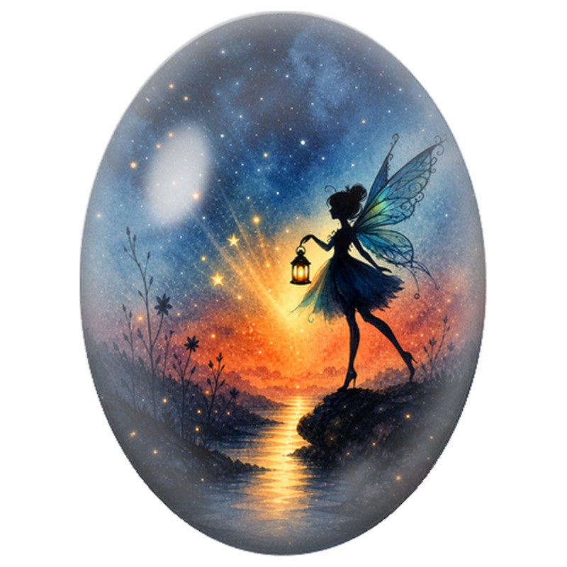 Cabochon en Verre Illustré Fée à la Lanterne 13x18, 18x25 ou 30x40mm