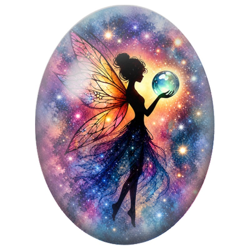Cabochon en Verre Illustré Fée à la Sphère Lumineuse aux Fleurs 13x18, 18x25 ou 30x40mm