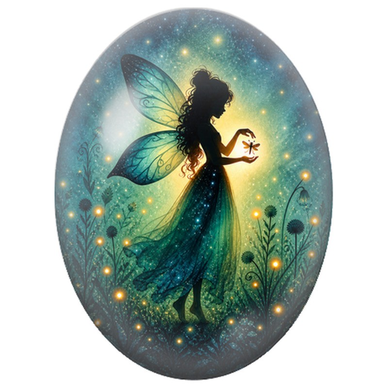 Cabochon en Verre Illustré Fée au Papillon Lumineux 13x18, 18x25 ou 30x40mm