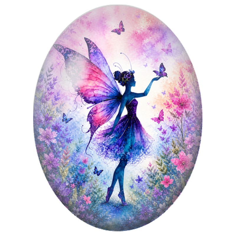 Cabochon en Verre Illustré Fée Violette parmi les Fleurs aux Fleurs 13x18, 18x25 ou 30x40mm