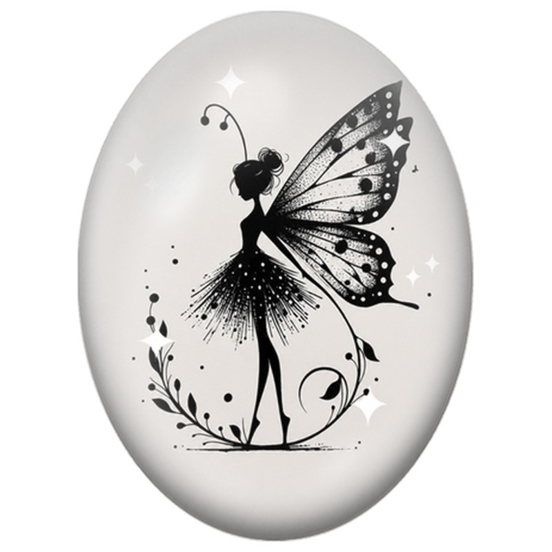 Cabochon en Verre Illustré Fée Monochrome aux Ailes 13x18, 18x25 ou 30x40mm