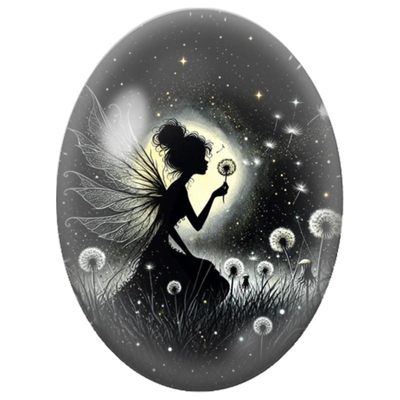 Cabochon en Verre Illustré Fée au Pissenlit Lunaire 13x18, 18x25 ou 30x40mm