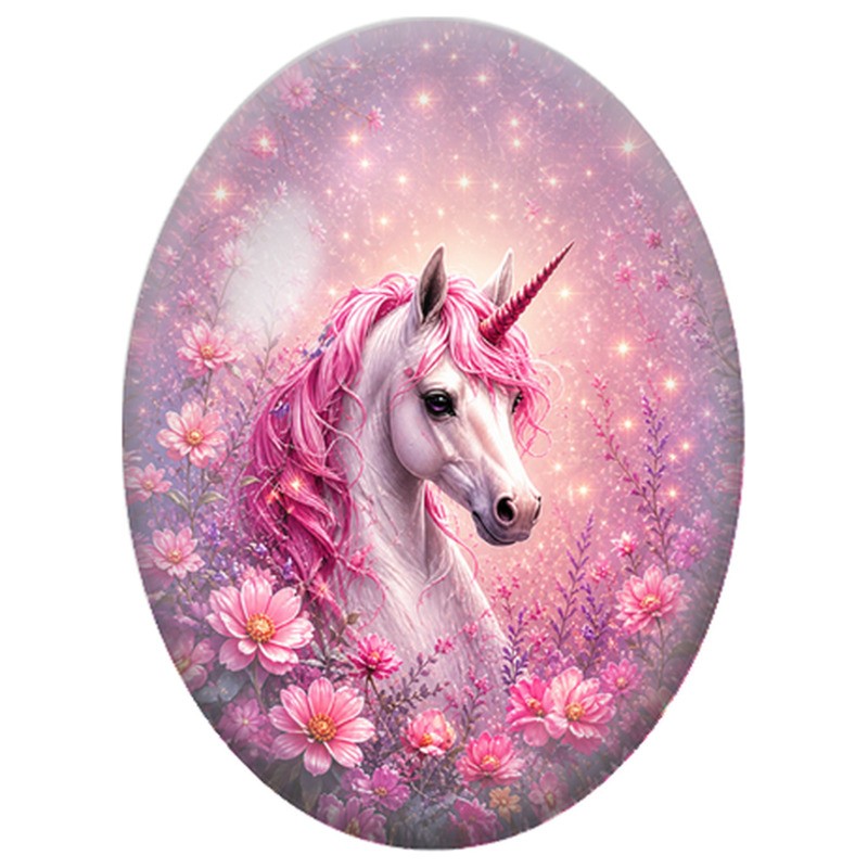 Cabochon en Verre Illustré Licorne Rose parmi les Fleurs 13x18, 18x25 ou 30x40mm