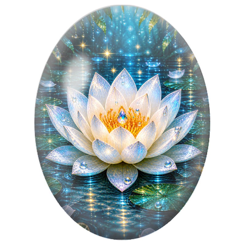 Cabochon en Verre Illustré Lotus Blanc sur L’eau 13x18, 18x25 ou 30x40mm
