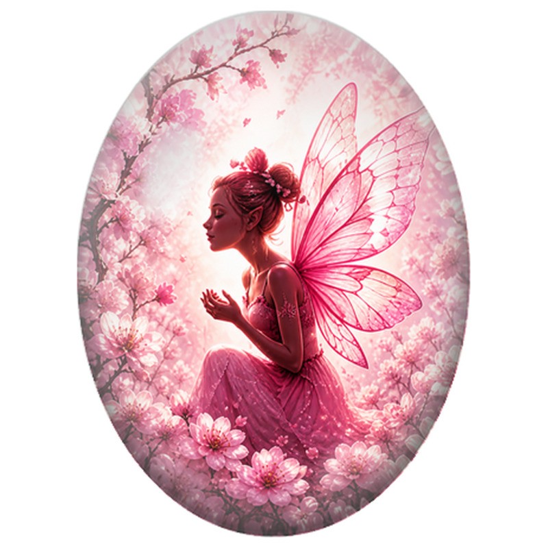 Cabochon en Verre Illustré Fée Rose parmi les Cerisiers 13x18, 18x25 ou 30x40mm
