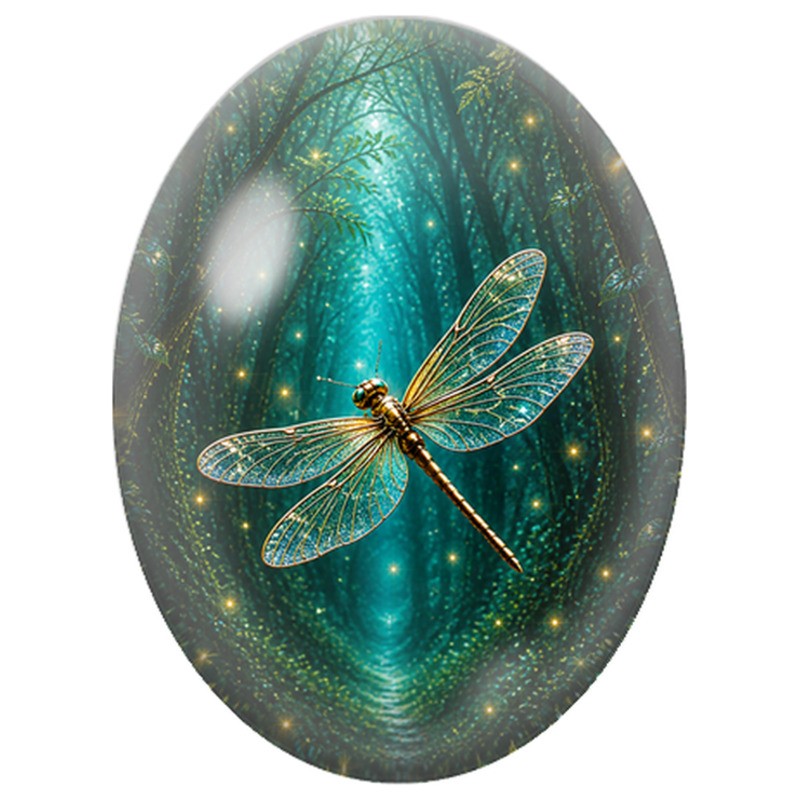 Cabochon en Verre Illustré Libellule Dorée dans la Forêt 13x18, 18x25 ou 30x40mm