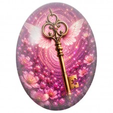 Cabochon en Verre Illustré Clé Ailée parmi les Fleurs 13 x 18, 18 x 25 ou 30 x 40 mm pour la Création de Bijoux Fantaisie - DIY