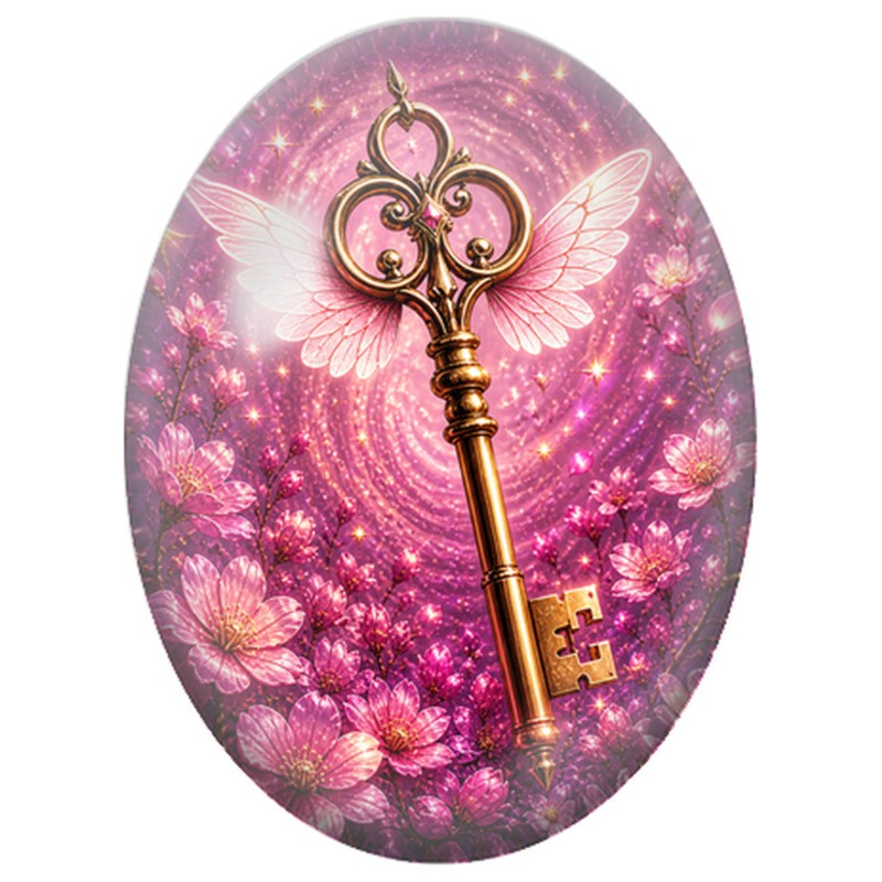 Cabochon en Verre Illustré Clé Ailée parmi les Fleurs 13x18, 18x25 ou 30x40mm