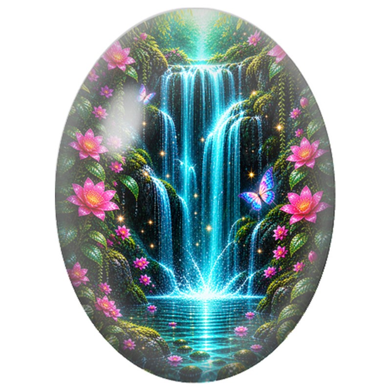 Cabochon en Verre Illustré Cascade Enchantée aux Papillons 13x18, 18x25 ou 30x40mm