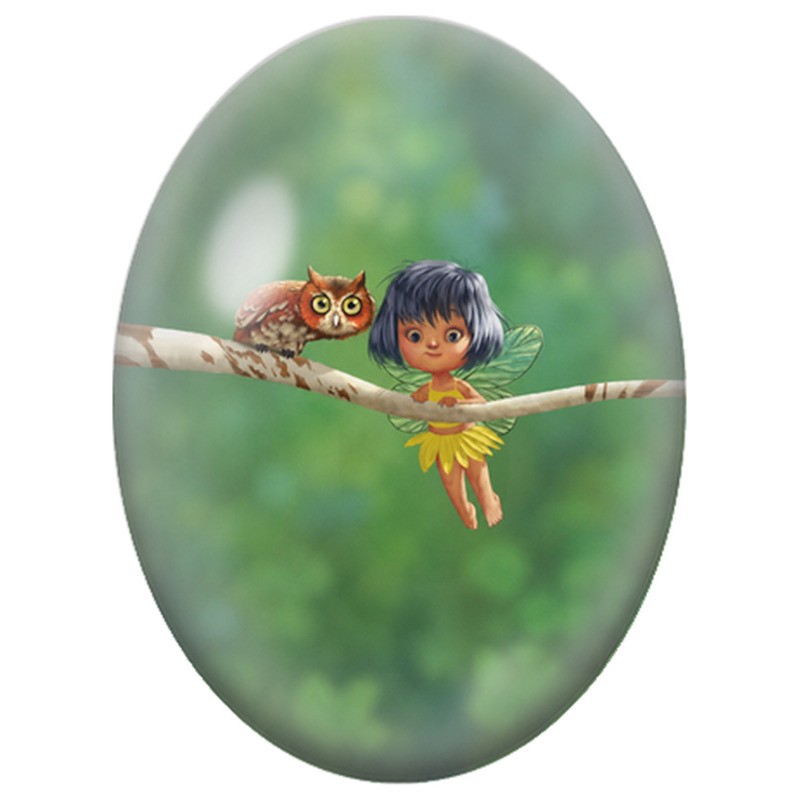 Cabochon en Verre Illustré Petite Fée et Hibou 13x18, 18x25 ou 30x40mm