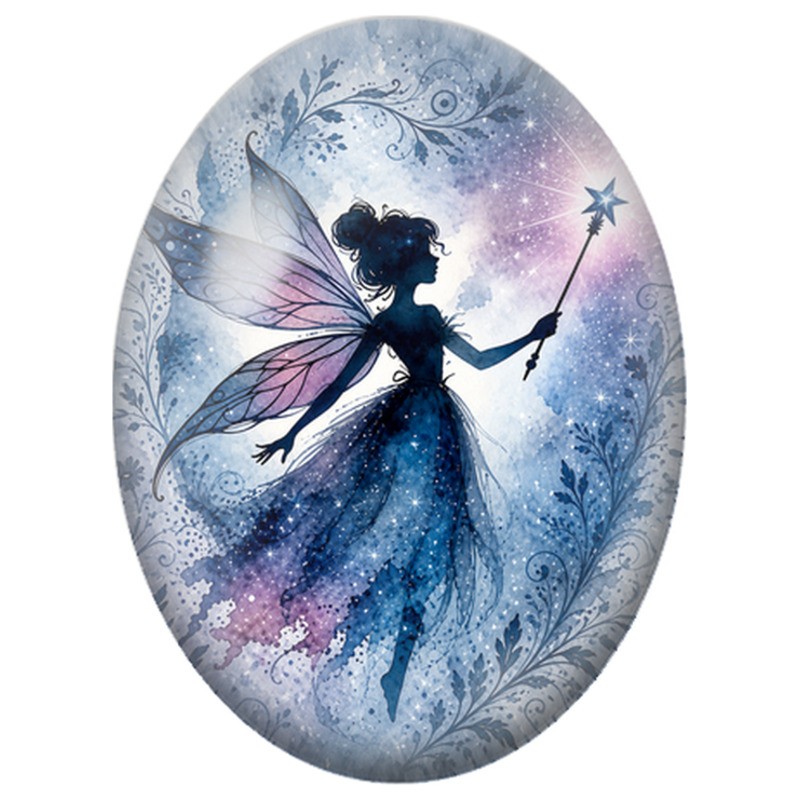 Cabochon en Verre Illustré Fée Bleue à la Baguette 13x18, 18x25 ou 30x40mm