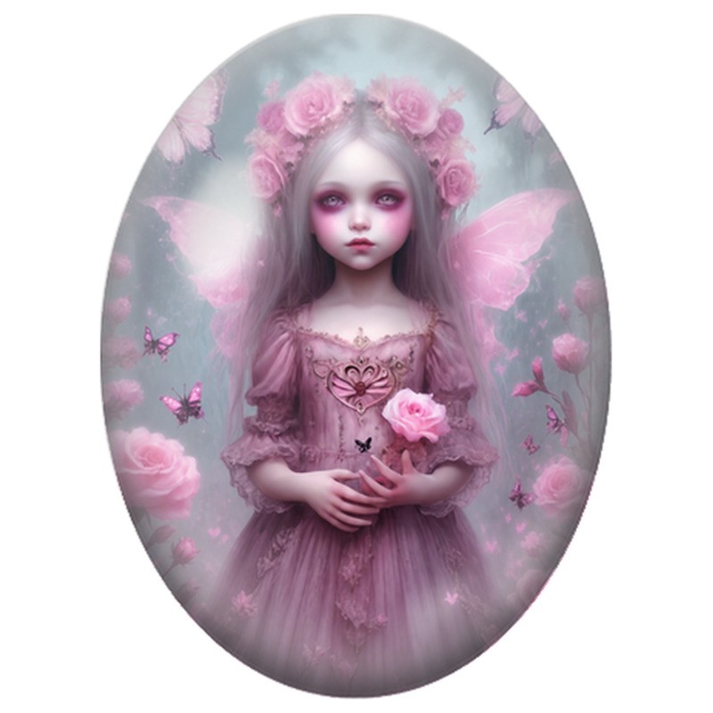 Cabochon en Verre Illustré Fée Rose aux Roses 13x18, 18x25 ou 30x40mm