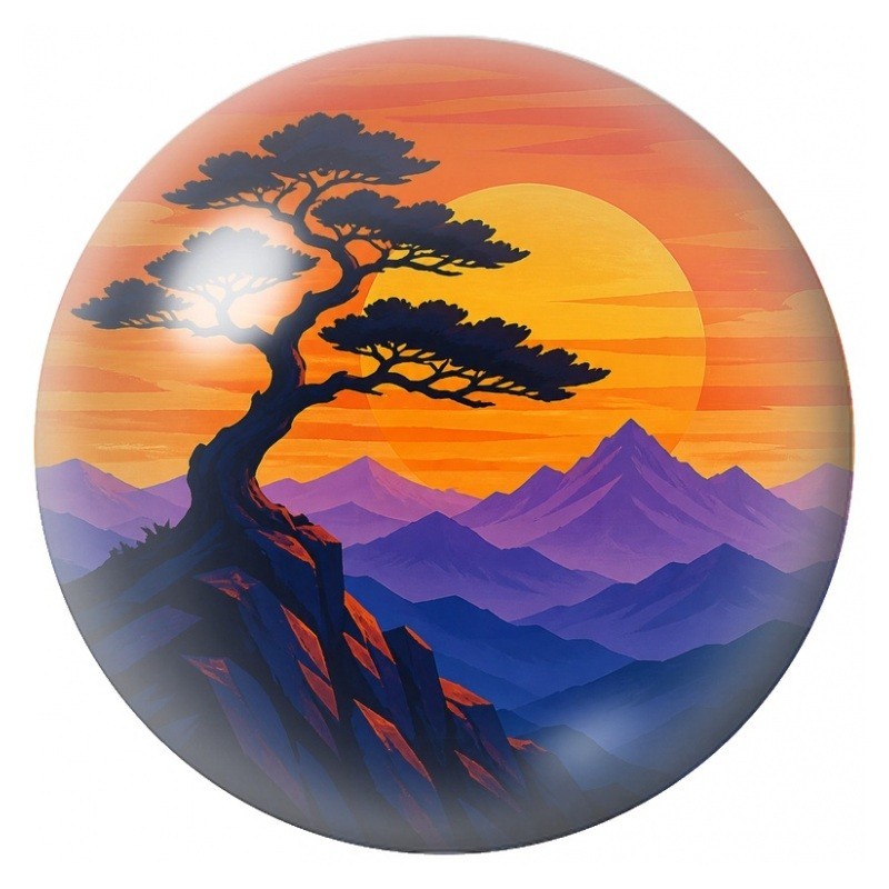 Cabochon en Verre Illustré Arbre Bonsaï au Soleil Orange 12 à 25mm