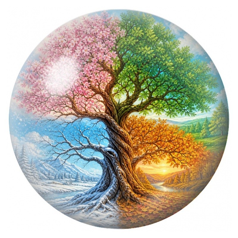 Cabochon en Verre Illustré Arbre des Quatre Saisons 12 à 25mm