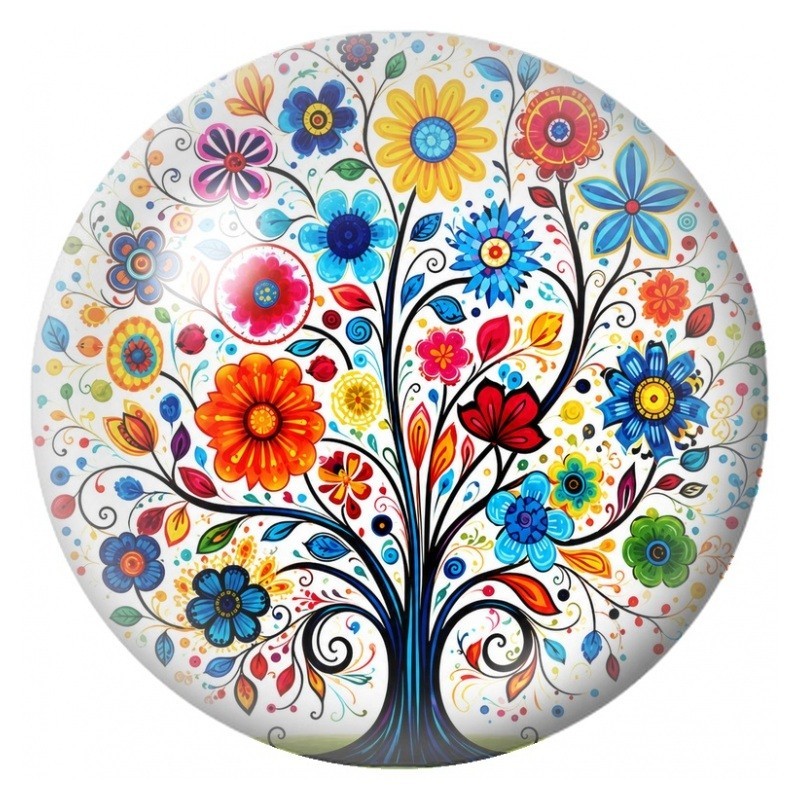Cabochon en Verre Illustré Arbre Fleuri aux Fleurs Graphiques Multicolores 12 à 25mm
