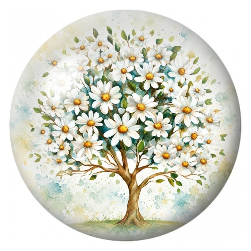 Cabochon en Verre Illustré Arbre aux Marguerites Blanches 12 à 25mm