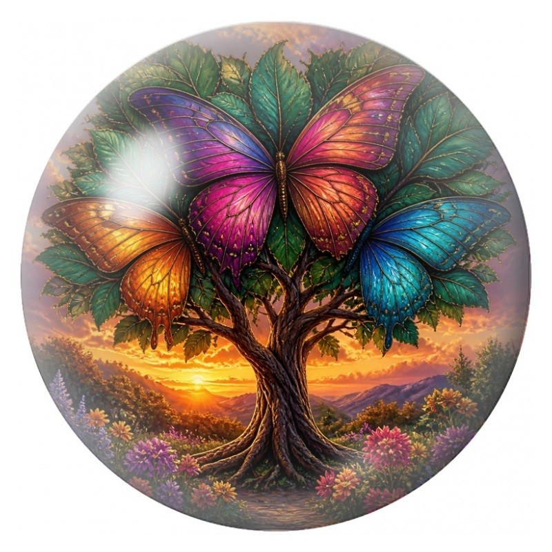 Cabochon en Verre Illustré Arbre aux Papillons Colorés au Soleil Couchant 12 à 25mm