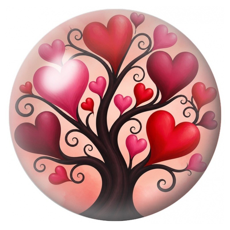 Cabochon en Verre Illustré Arbre aux Cœurs Rouges et Roses 12 à 25mm