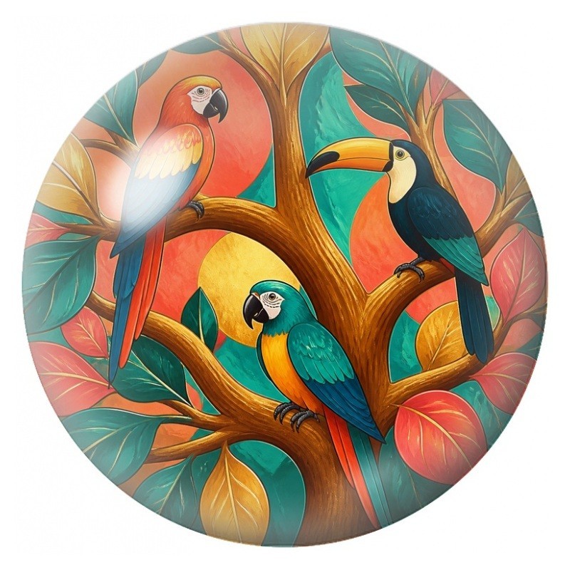 Cabochon en Verre Illustré Arbre aux Perroquets Colorés 12 à 25mm