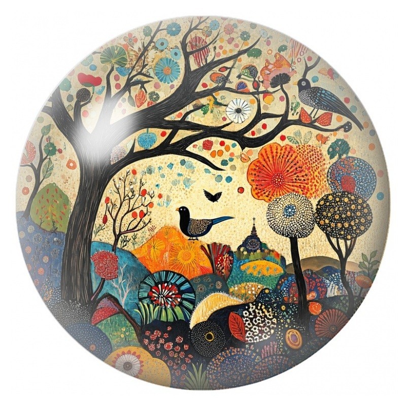 Cabochon en Verre Illustré Arbre Folk aux Oiseaux et aux Fleurs 12 à 25mm