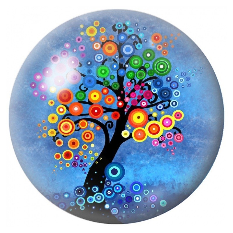 Cabochon en Verre Illustré Arbre Abstrait aux Cercles sur Fond Bleu 12 à 25mm