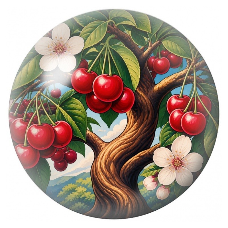 Cabochon en Verre Illustré Cerisier aux Fruits Rouges 12 à 25mm