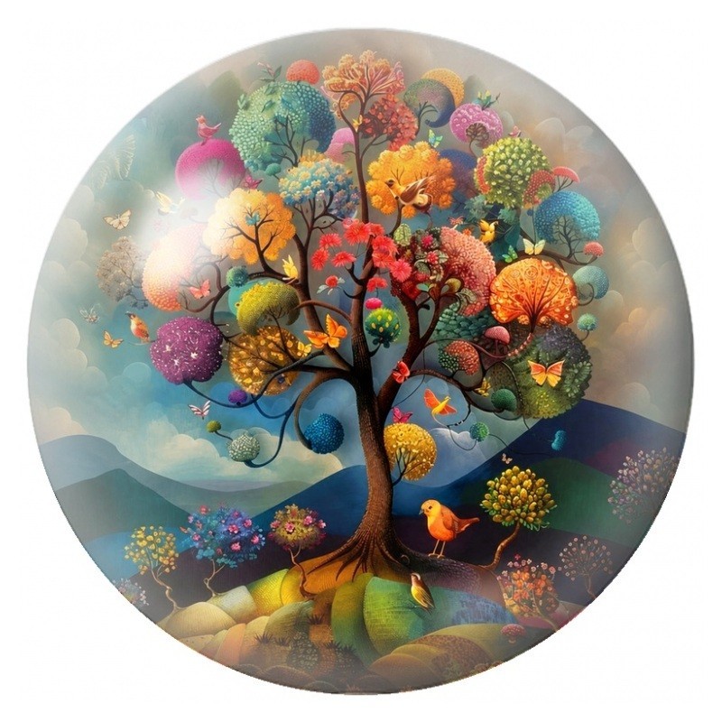 Cabochon en Verre Illustré Arbre Fantaisie aux Fleurs et aux Papillons 12 à 25mm