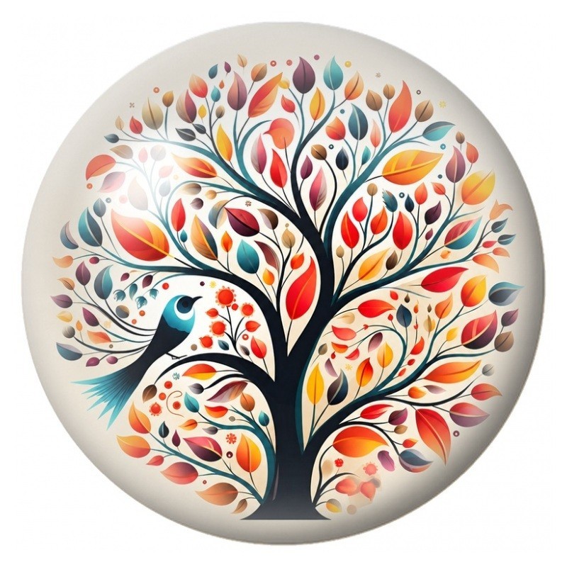Cabochon en Verre Illustré Arbre aux Feuilles d’Automne et à l’Oiseau 12 à 25mm