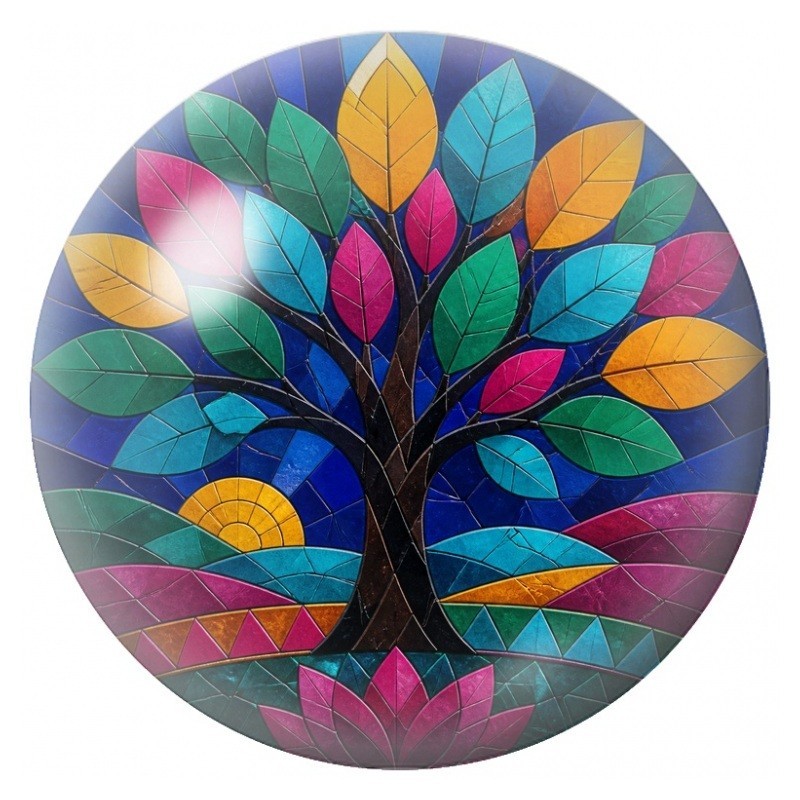 Cabochon en Verre Illustré Arbre en Vitrail Multicolore 12 à 25mm