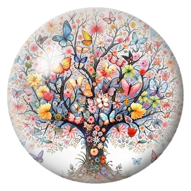 Cabochon en Verre Illustré Arbre aux Fleurs et aux Papillons 12 à 25mm