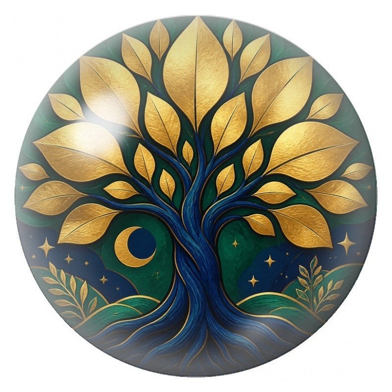 Cabochon en Verre Illustré Arbre aux Feuilles d’Or sous la Lune 12 à 25mm