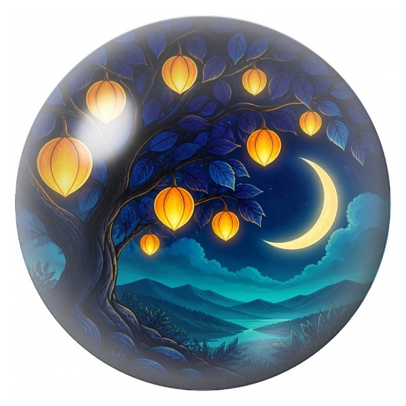 Cabochon en Verre Illustré Arbre aux Lanternes sous la Lune 12 à 25mm