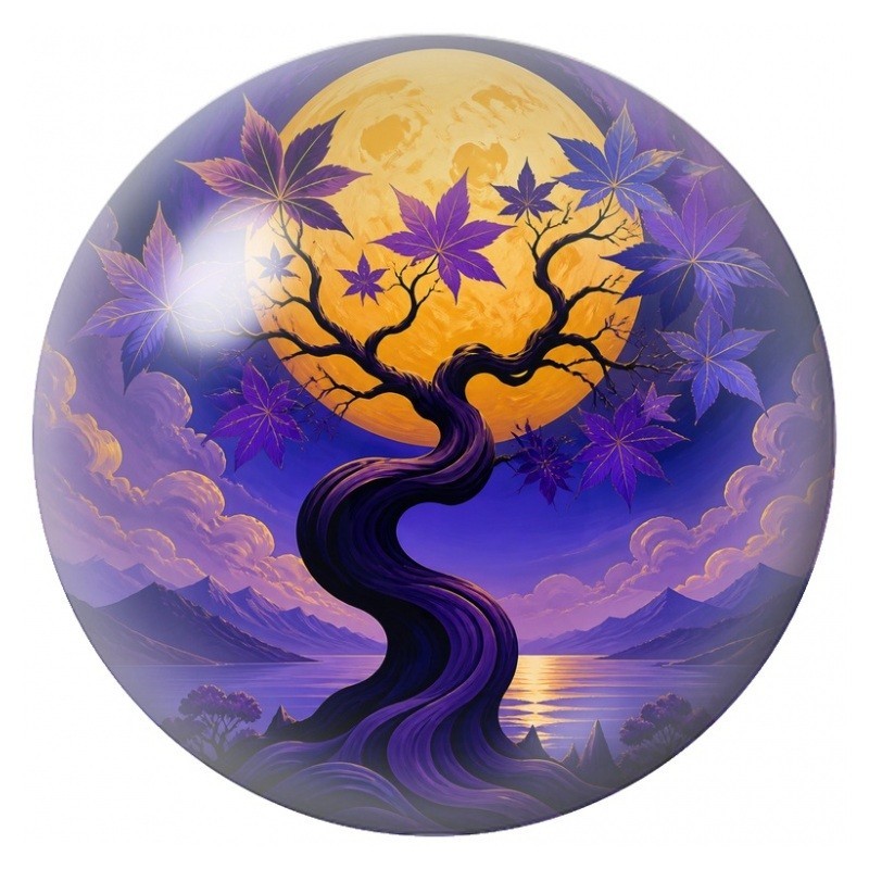 Cabochon en Verre Illustré Arbre aux Feuilles Violettes sous la Lune 12 à 25mm