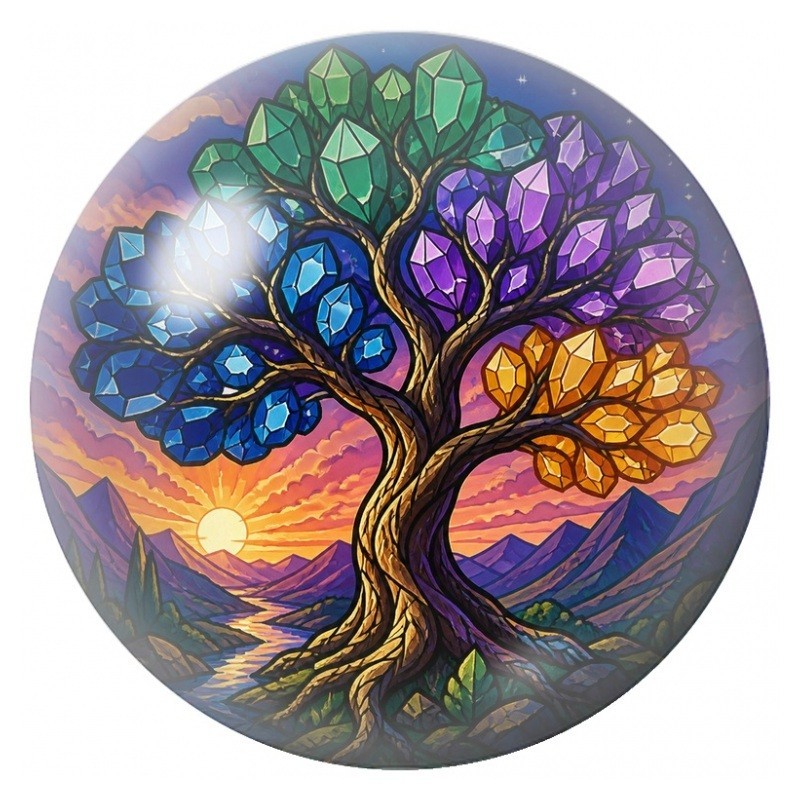 Cabochon en Verre Illustré Arbre aux Cristaux au Soleil Couchant 12 à 25mm