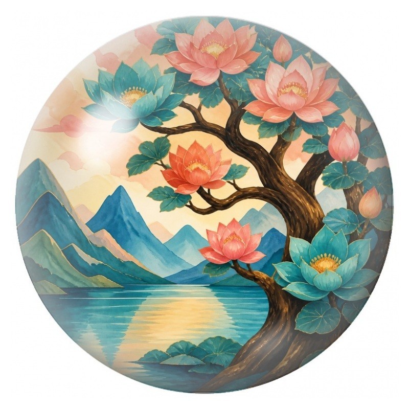 Cabochon en Verre Illustré Arbre aux Lotus sur le Lac 12 à 25mm