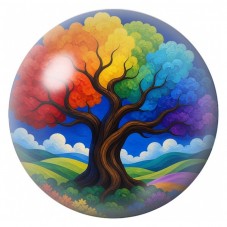 Cabochon en Verre Illustré Arbre Arc-en-Ciel aux Feuillages Ronds 12 à 25mm pour la Création de Bijoux Fantaisie - DIY
